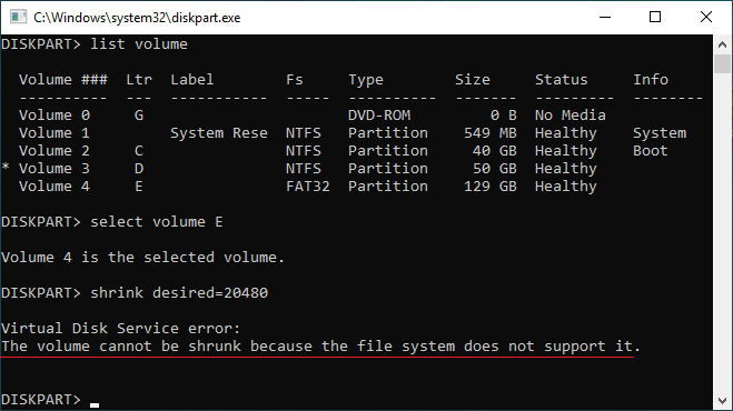 Diskpart shrink error