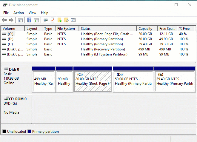 How to increase sizes in system partition on windows 10 installing drivers